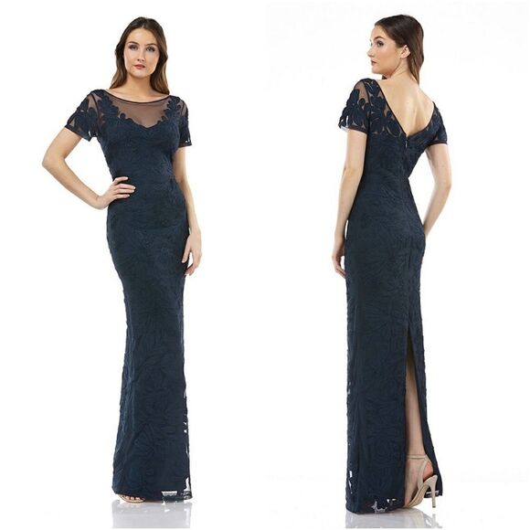 New! JS COLLECTIONS Women's Illusion Yoke Soutache Gown Dress Navy Blue - Picture 1 of 4